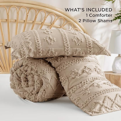 Bedsure Tufted Boho Comforter Set King Size - Khaki Boho Bed Set, GentleSoft™ 3 Pieces Farmhouse Shabby Chic Embroidery Bedding, Gifts for Woman, Soft Jacquard King Comforter for All Seasons