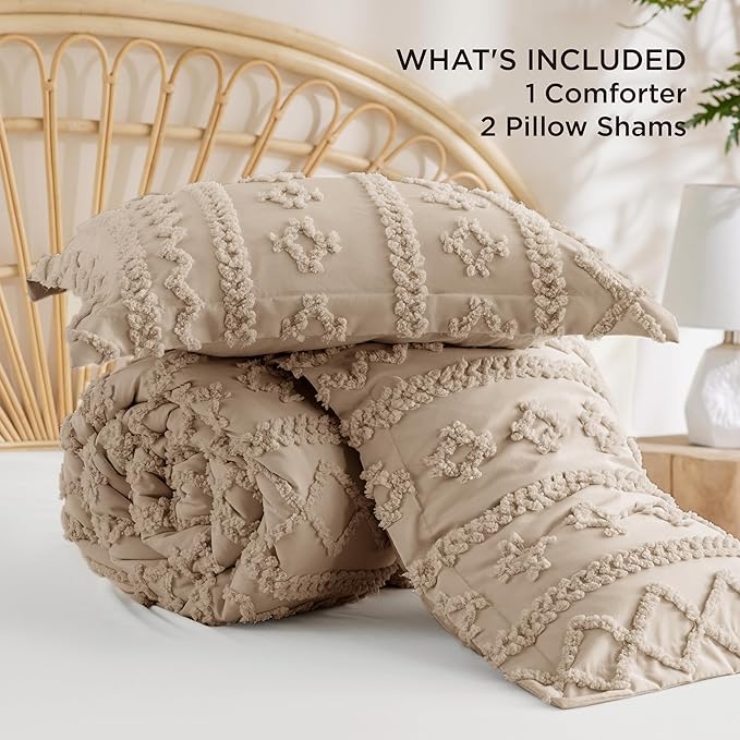 Bedsure Tufted Boho Comforter Set Queen Size - Khaki Boho Bed Set, GentleSoft™ 3 Pieces Farmhouse Shabby Chic Embroidery Bedding, Gifts for Woman, Soft Jacquard Queen Comforter for All Seasons