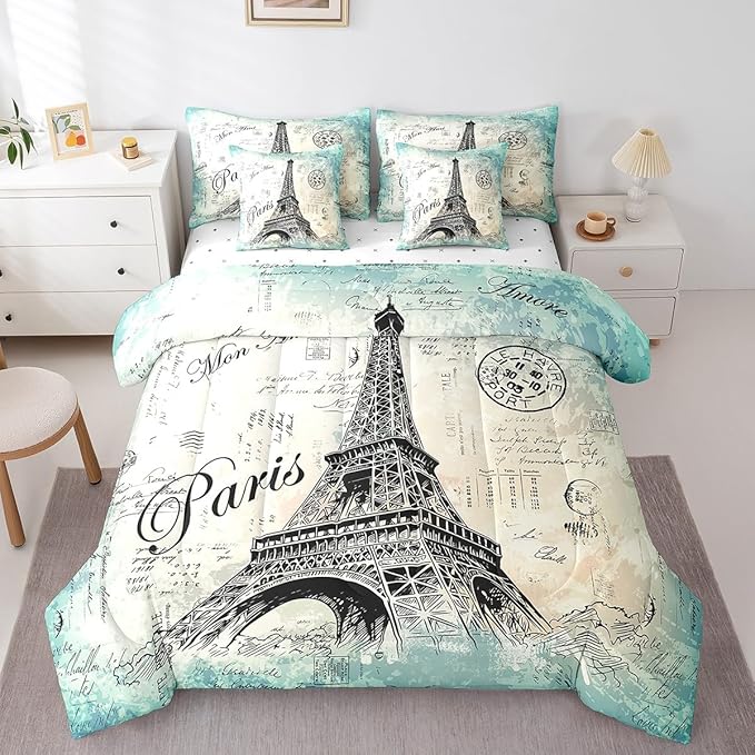 Feelyou Eiffel Tower Comforter Set Twin Size 7 Pcs Girls Chic Vinatge French Comforter Bed in a Bag Paris Cityscape Bedding Set Women Eiffel Tower Lover Bed Set with Sheets, Pillowcases, Pillow Covers