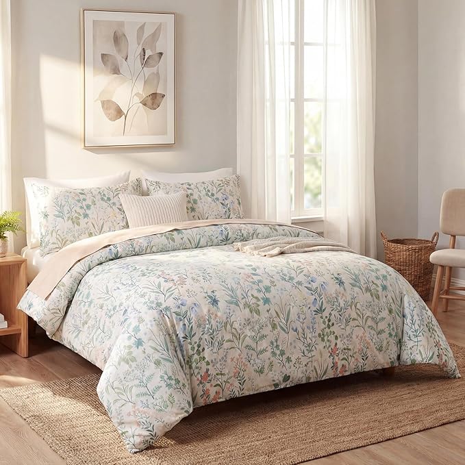 Green Floral Comforter Set King Size 100% Cotton Comforter 3 Pieces Soft Lightweight Reversible Retro Floral Bedding Sets for All Season