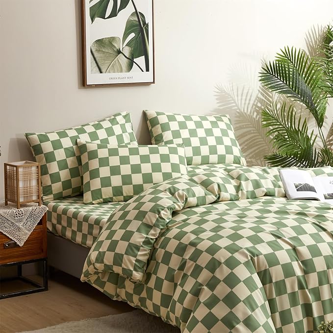 Houseri Green and White Comforter Set Queen Plaid Sage Green Buffalo Checkered Bedding Comforters Queen Size for Girls Boys Checkerboard Light Green Grid Comforter Women Men Gingham Bedding Sets Queen