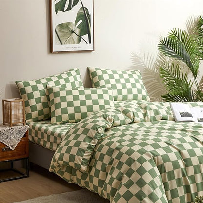 Houseri Sage Green White Plaid Comforter Full Size Light Green Bedding Comforter Sets for Teen Boys Girls Full Grass Green and Beige Buffalo Plaid Comforters Checkerboard Gingham Dorm Bedding Set Full