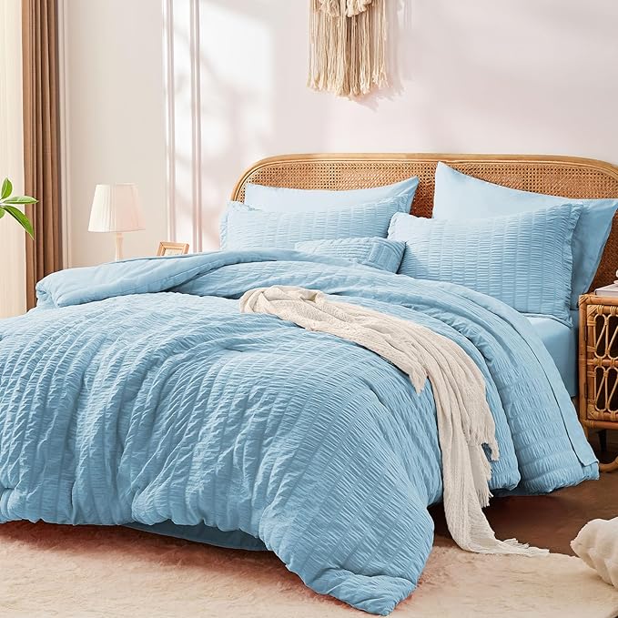 FUANNA Queen Comforter Set 7 Pieces, Luxury Seersucker Bed in a Bag Queen Size for All Seasons, Soft Bedding Set with Comforter, Flat Sheet, Fitted Sheet, Pillowcases & Shams for Bedroom, Light Blue
