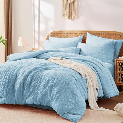 FUANNA Queen Comforter Set 7 Pieces, Luxury Seersucker Bed in a Bag Queen Size for All Seasons, Soft Bedding Set with Comforter, Flat Sheet, Fitted Sheet, Pillowcases & Shams for Bedroom, Light Blue
