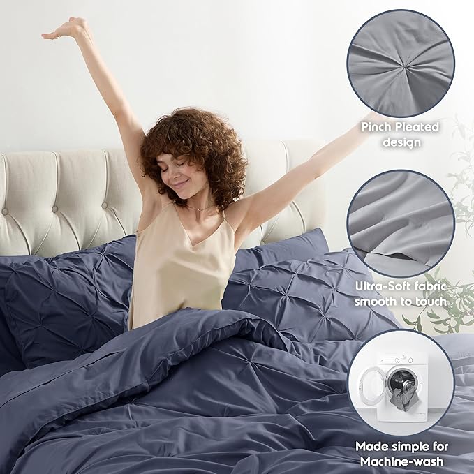 Nestl Pinch Pleated Comforter Set - 7 Piece All Season Bedding Set in Navy, Includes King Comforter, Flat & Fitted Sheets, Pillowcases & Shams