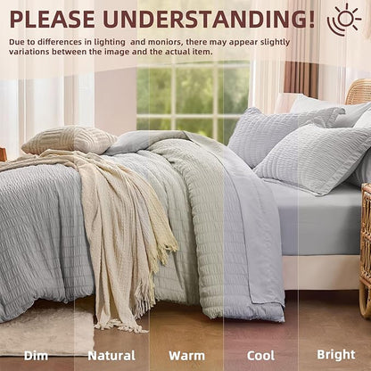 FUANNA Full Size Comforter Sets 7 Pieces, Luxury Seersucker Bed in a Bag Full for All Seasons, Soft Bed Sets with Comforter, Flat Sheet, Fitted Sheet, Pillowcases & Shams for Bedroom, Light Grey