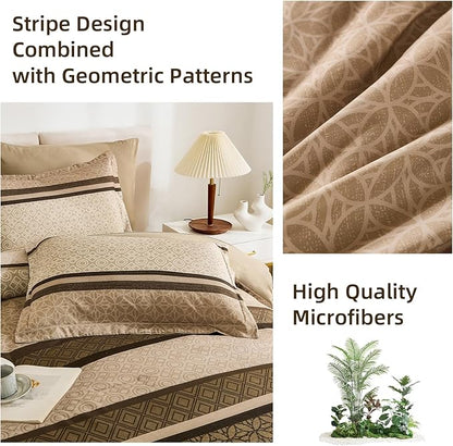 WONGS BEDDING 7 Pieces Comforter Set King Size, Brown Striped Bed in a Bag Comforter and Sheet Set, Minimalist Geometric Bohemian Soft Lightweight Micorfiber Bedding Set for All Season (90"×104")