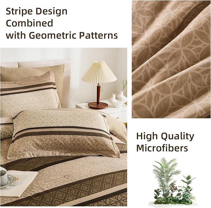WONGS BEDDING Comforter Set King Size 7 Pieces, Earth Tones Bed in a Bag Striped Bedding Set, Minimalist Geometric Soft Lightweight Micorfiber Comforter with Pillowcases & Shams,Sheets (90"×104")
