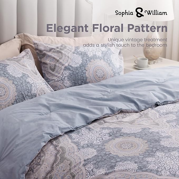 Sophia & William Foggy Blue Damask Queen Size Comforter Set, 3 Pcs Cotton Comforter Set with Printed Comforter & 2 Pillowcases, All Season Lightweight Bedding Set