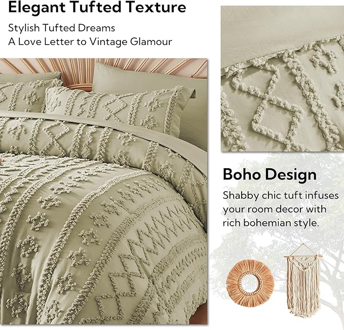 MR&HM Sage Green Boho Comforter Set Queen, Tufted Boho Bedding Set, Farmhouse Shabby Chic Bed in a Bag with 1 Comforter, 2 Pillow Shams, 2 Pillowcases, 1 Flat Sheet, 1 Fitted Sheet for All Seasons