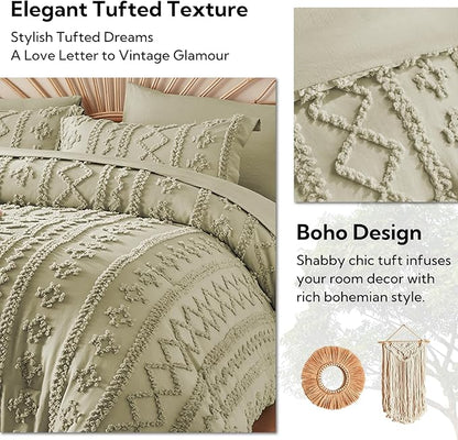 MR&HM Sage Green Boho Comforter Set Queen, Tufted Boho Bedding Set, Farmhouse Shabby Chic Bed in a Bag with 1 Comforter, 2 Pillow Shams, 2 Pillowcases, 1 Flat Sheet, 1 Fitted Sheet for All Seasons