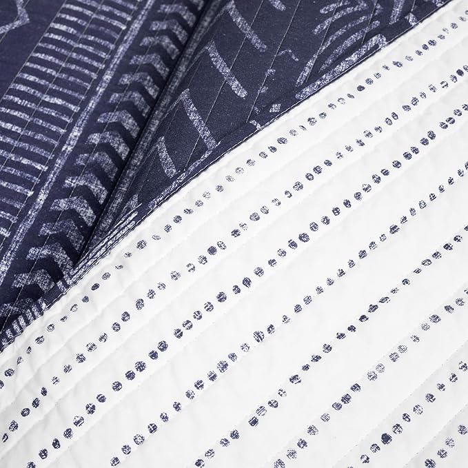 Lush Decor Hygge Geo Pattern Striped 3 Piece Quilt Bedding Set, King, Navy