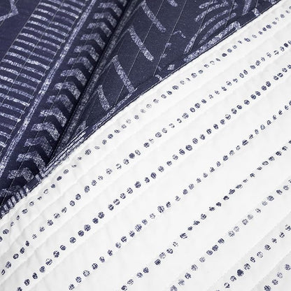 Lush Decor Hygge Geo Pattern Striped 3 Piece Quilt Bedding Set, King, Navy
