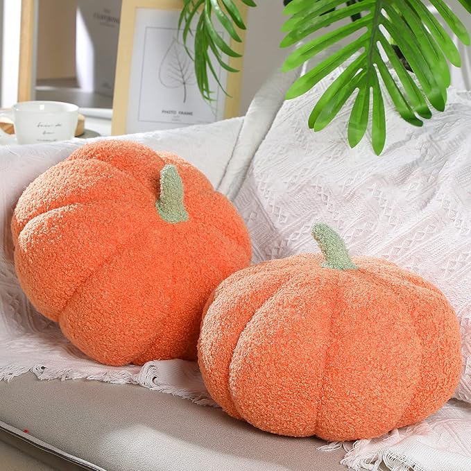 Queekay 2 Pcs Pumpkin Pillow Plush 11 x 9.5 Inch Thanksgiving Stuffed Pumpkin Decor for Fall Home Bedroom Throw Pillow Cushion Gifts for Holiday Operation Christmas Halloween Car Sofa(Orange)