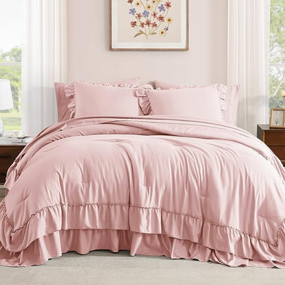King Size Comforter Set Soft Pink, Ruffle Shabby Chic Bedding Set Farmhouse 7 Pieces, All Season Fluffy Bed in a Bag with Sheets, Pillowcases & Shams