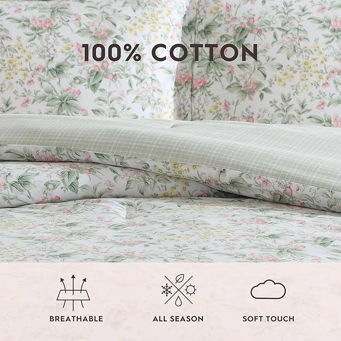 Laura Ashley - King Comforter Set, Super Soft Cotton Bedding with Matching Sham, Botanical Design, Vintage Bed Essentials (Bramble Floral Pink, King)