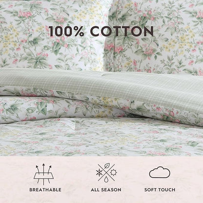 Laura Ashley - King Comforter Set, Super Soft Cotton Bedding with Matching Sham, Botanical Design, Vintage Bed Essentials (Bramble Floral Pink, King)