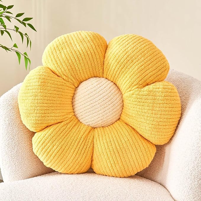 Flower Throw Pillow, Soft Yellow 19.6" Shaped Floor Pillow for Home Decor, Cute Aesthetic Plush Decorative Pillows for Bed, Sofa, Couch