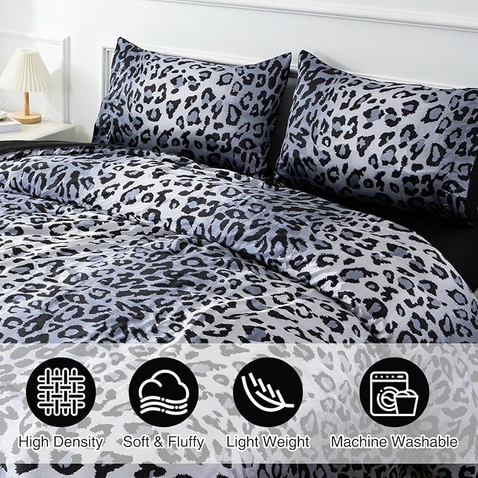 A Nice Night Leopard Printed，Satin Silky Soft Quilt Sexy Luxury Super Soft Microfiber Comforter Quilt Bedding Comforter Set Full/Queen, Light Weighted (Silver, King(88-by-102-inches))
