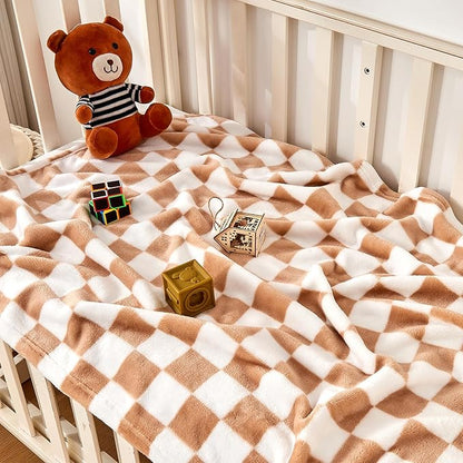 Yurhap Checkered Baby Blanket Fleece Baby Blankets Neutral for Boys Girls, Super Soft Warm Lightweight Infant Toddler Newborn Receiving Blankets for Crib Stroller, 30''x40'', Khaki