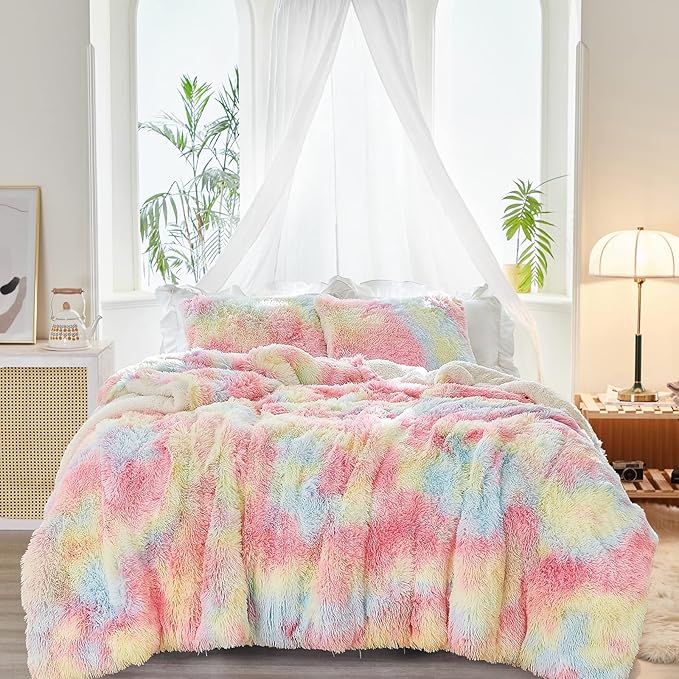 Joyreap 3-Piece Plush Shaggy Comforter Set, King Size Luxury Faux Fur Sherpa Reversible Bedding Comforter Set, Ultra Cozy Warm Fluffy Bedding Set for Winter (Rainbow, 100x88 inches)