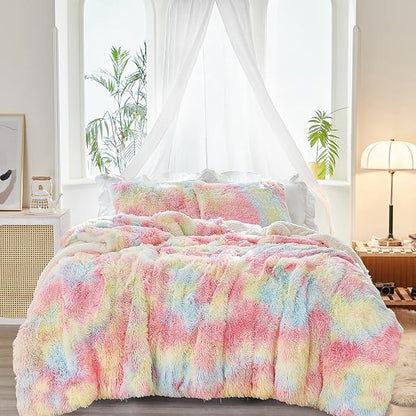 Joyreap 3-Piece Plush Shaggy Comforter Set, King Size Luxury Faux Fur Sherpa Reversible Bedding Comforter Set, Ultra Cozy Warm Fluffy Bedding Set for Winter (Rainbow, 100x88 inches)