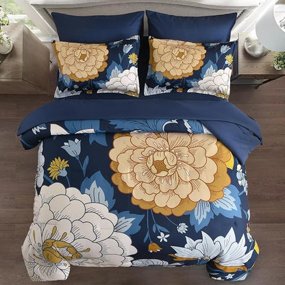 DJY Floral Comforter Set Queen Size Navy Blue Bed in a Bag 7 Pieces Botanical Boho Comforter with Sheet Set, Soft Microfiber Farmhouse Bedding Set for All Season (Navy, 90''x90'')