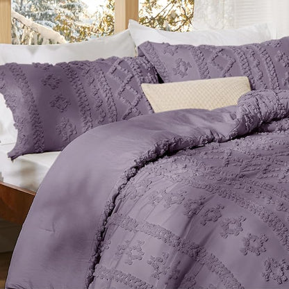 Bedsure Tufted Boho Comforter Set Twin Size - Grayish Purple Boho Bed Set, GentleSoft™ 2 Pieces Farmhouse Shabby Chic Embroidery Bedding, Gifts for Woman, Soft Jacquard Twin Comforter for All Seasons