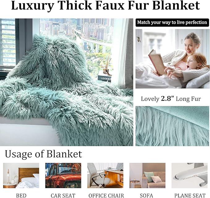JONIYEAR Decorative 2.8" Long Hair Soft Fuzzy Faux Fur Throw Blanket 50" x 60",Luxury Reversible Fluffy Blankets for Couch Sofa Chair,Lightweight Accent Cozy Plush Thick Warm Shaggy Furry Blanket,Aqua
