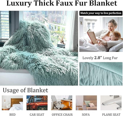 JONIYEAR Decorative 2.8" Long Hair Soft Fuzzy Faux Fur Throw Blanket 50" x 60",Luxury Reversible Fluffy Blankets for Couch Sofa Chair,Lightweight Accent Cozy Plush Thick Warm Shaggy Furry Blanket,Aqua