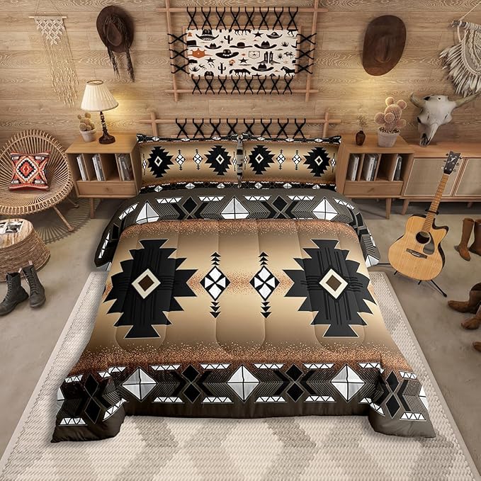 Erosebridal Western Aztec Bedding Set for Boys, Native Tribal Ethnic Comforter Set Queen Size Farmhouse Boho Geometric Duvet Insert Southwestern Ethnic American Native Quilt for Adult, Brown Black