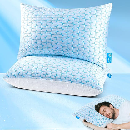 QUTOOL Firm Pillow Shredded Memory Foam, Cooling Pillow for Hot Sleeper, Adjustable Bed Pillow for Side Back Stomach Sleepers, Washable Cover, CertiPUR-US Certified, Queen Size Set of 2