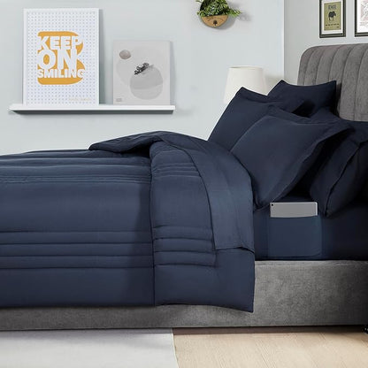 Full Size Comforter Set Quilted Stripe Bedding Bundle – Stylish Set with Comforter, Mattress Protector, Sheet Set & Pillow Shams — Sophisticated Striped Design for Home & Guest Rooms, Navy Blue
