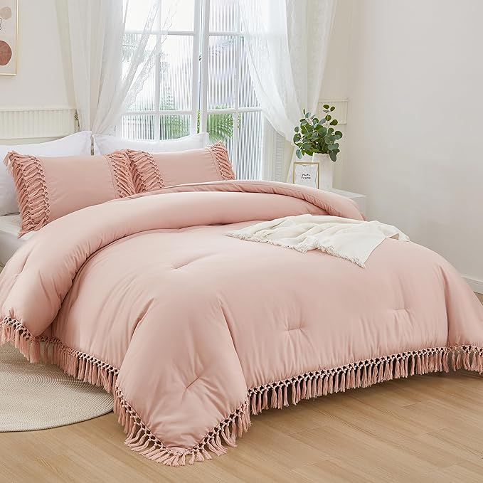 Andency Pink Comforter Set Queen, 3 Pieces Boho Tassel Lightweight Soft Bedding Comforter Sets, All Season Fluffy Fringe Bed Set (90x90In Comforter & 2 Pillowcases)