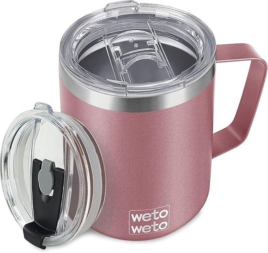 WETOWETO Coffee Mug with Handle, 14oz Insulated Stainless Steel Coffee Travel Mug, Double Wall Vacuum Reusable Coffee Cup with Lid, Powder Coated Rose Gold
