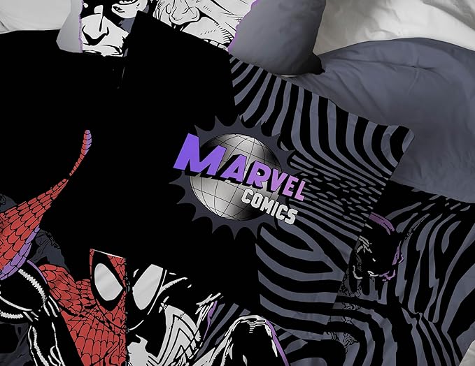 Jay Franco Kids Comforter Set Includes Sheets and Pillow Covers - Soft and Cozy Bed Set for Stylish Room Decor, Black - Marvel Comics, 7 Piece Full Size Bedding