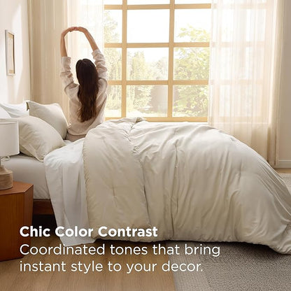 Bedsure Oversized Queen Comforter Set - 7 Pieces Beige Oversized Queen Bedding Set for All Seasons, Boho Contrasting Design Bed in a Bag with Comforter, Sheets, Pillowcases & Shams