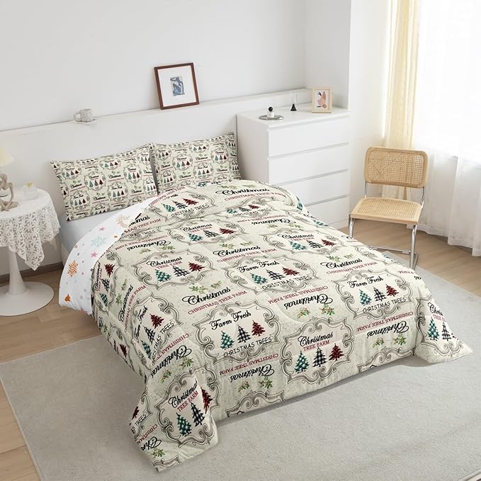 Christmas Tree Comforter Set Queen Size,Kids Colorful Stars Candy Snowflake Reversible Printed Bedding Set,Girls Boys Room Decor,Red Green Plaid Quilt Set Vintage Khaki Graffiti Duvet Insert 3Pcs