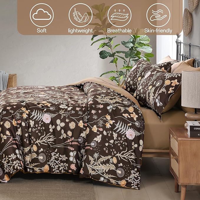 Yiran Brown Comforter Set King Size, 7 Piece Floral Comforter Bedding Set, Farmhouse Bed in a Bag, Soft Microfiber Complete Bedding Set with Sheets for All Season