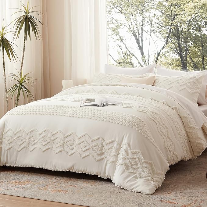 Luxudecor Boho Tufted Comforter Set King Size 3 Pieces White Shabby Chic Comforter Farmhouse Embroidery Bed Set Soft Comforter for All Seasons (White, 104''x90'')