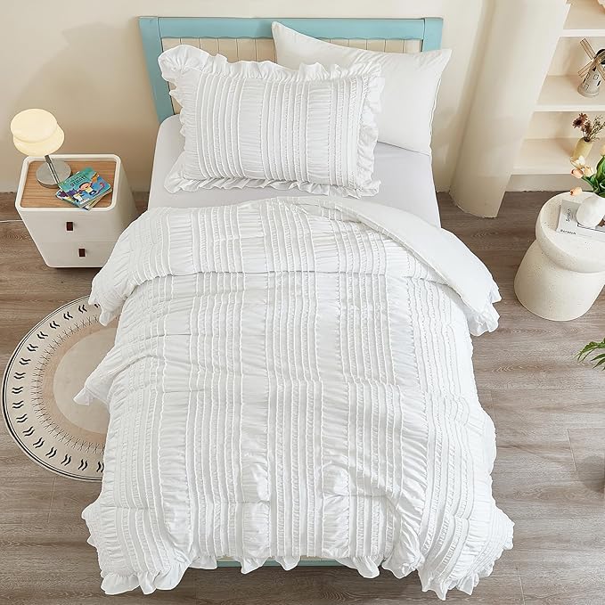 WONGS BEDDING Comforter Full Size, White Ruffle Comforter for Dorm Room Essentials for Full Bed, Soft Seersucker Textured Bedding Set Full Size Comforter Sets for Girls 90"×78"