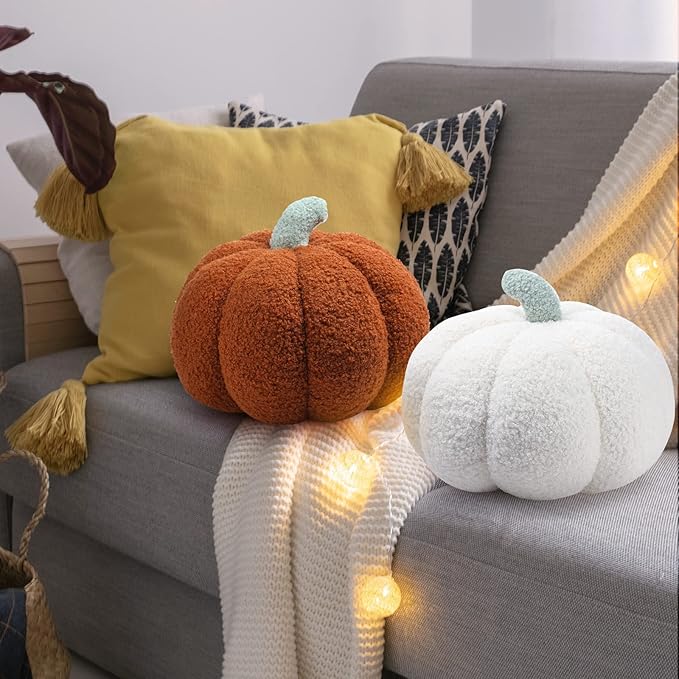 Kajaia 2 Pcs Pumpkin Pillow Plush 11 x 9.5 Inch 3D Cushion Fall Decorations Simulated Stuffed Throw Pillows for Halloween Thanksgiving Bedroom Sofa Couch Supplies (White,Brown)