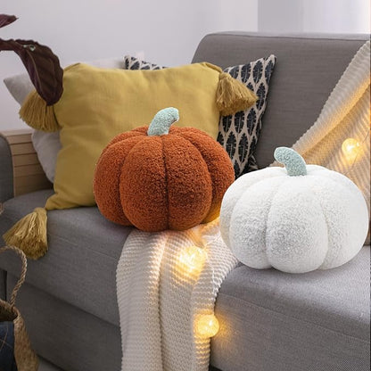 Kajaia 2 Pcs Pumpkin Pillow Plush 11 x 9.5 Inch 3D Cushion Fall Decorations Simulated Stuffed Throw Pillows for Halloween Thanksgiving Bedroom Sofa Couch Supplies (White,Brown)