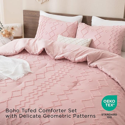 Andency Pink Tufted Comforter Set Full, 3 Pieces(1 Boho Comforter, 2 Pillowcases) Textured Farmhouse Comforter, Soft Microfiber Down Alternative Geometric Bedding Set (79x90Inch)