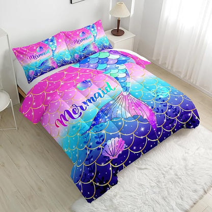 Colorful Mermaid Tail Comforter Sets King Size，Violet Seashells Bedding Sets 3PCS for Kids,Violet Seashells Bedding Sets All Season 1 Comforter and 2 Pillowcases