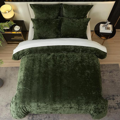 Ivellow Crushed Velvet Comforter Set Queen Green Comforter Set 5pcs Ultra Soft Lightweight Breathable Bedding Set Luxury Cozy Flannel Comforter Queen Size (1 Comforter,2 Pillow Shams, 2 Euro Shams