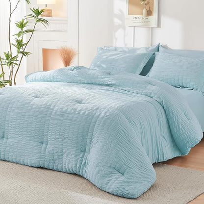 HYMOKEGE Lake Blue California King Comforter Set Seersucker 7 Pieces, All Season Luxury Bed in a Bag for Bedroom, Bedding Set with Comforters, Sheets, Pillowcases & Shams