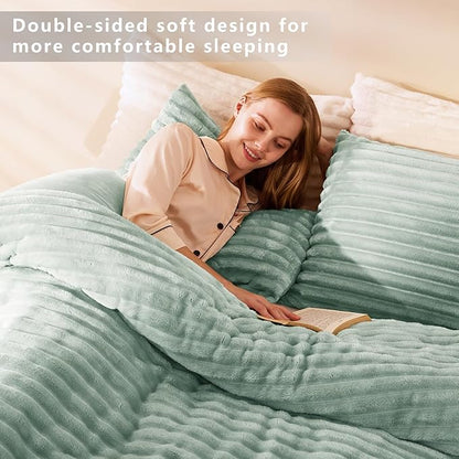CozyLux Fluffy King Size Comforter Set - Super Soft Faux Fur Sage Green Comforter King Size, Winter Warm Fleece Bedding Set, 3 Pieces Plush Fuzzy Bed Set (1 Shaggy Comforter, 2 Pillowcases)