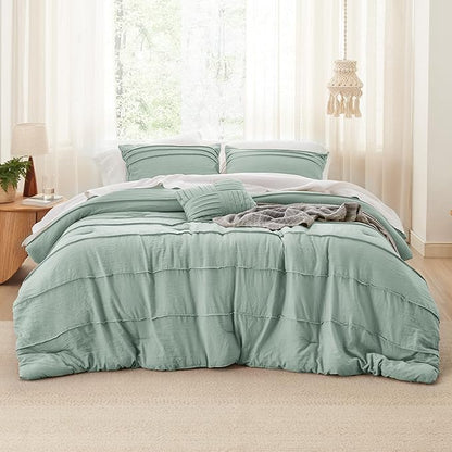 Bedsure King Comforter Set - 4 Pieces Pinch Pleat Bed Set, Sage Green Boho Bedding for All Season, 1 Soft Comforter, 2 Pillowcases, 1 Decorative Pillow