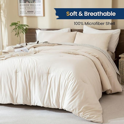 Paxrac Beige Comforter Set King Size, Cream 3 Pieces Comforter Set, Lightweight Solid Neutral Bedding Set, All Seasons Soft Breathable Boho King Comforter Set (104x90In Comforter & 2 Pillowcases)